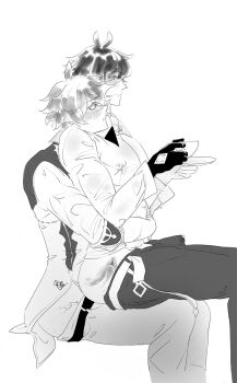2boys blush cup ergogida genshin_impact greyscale highres monochrome multiple_boys saucer sex sex_from_behind sitting sitting_on_lap sitting_on_person sitting_sex tartaglia_(genshin_impact) teacup twitter white_background yaoi zhongli_(genshin_impact)