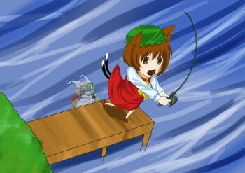 2girls animal_ears bad_anatomy bad_id bad_pixiv_id blood bz_(pixiv) cat_ears cat_girl cat_tail chen china_dress chinese_clothes dress earrings female_focus fishing fishing_rod fox_ears fox_tail hat holding holding_fishing_rod jewelry kokonoe_shuu multiple_girls nosebleed poorly_drawn ribbon tail touhou yakumo_ran