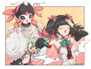 Rule 34 | > <, 3girls, afterimage, angels of delusion, aria (robot) (zenless zone zero), aria (zenless zone zero), bare shoulders, black hair, black sclera, black skirt, blush, breasts, clenched hands, closed eyes, clothing cutout, colored sclera, detached sleeves, dress, fang, fur-trimmed sleeves, fur trim, gradient background, green hair, hair ornament, hand on own head, heart, heart hair ornament, humanoid robot, motion lines, multiple girls, nanana184555, nangong yu, naoya hitting choso without looking (meme), navel, navel cutout, necktie, open mouth, pink bag, red nails, red necktie, robot, robot girl, shirt, skirt, sleeve bow, small breasts, sunna (zenless zone zero), twitter username, white dress, white shirt, white wings, wings, zenless zone zero