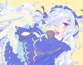 1girl blue_hairband bow closed_mouth dress feet_out_of_frame frilled_dress frills gothic_lolita hair_over_one_eye hairband hashtag-only_commentary highres lolita_fashion lolita_hairband long_hair long_sleeves looking_at_viewer lying mahou_shoujo_no_majo_saiban natsume_an-an on_side pantyhose polka_dot polka_dot_bow purple_eyes sleeves_past_fingers sleeves_past_wrists solo stuffed_animal stuffed_sheep stuffed_toy sui_is_dead very_long_hair white_hair white_pantyhose yellow_background