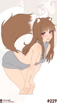1girl absurdres animal_ear_fluff animal_ears blunt_bangs blush breasts brown_hair commentary english_commentary fang grey_sweater highres holo likunea long_hair patreon_logo patreon_username red_eyes sideboob sidelocks simple_background small_breasts solo solo_focus spice_and_wolf sweater tail twitter_username twitter_x_logo virgin_killer_sweater wolf_ears wolf_girl wolf_tail zoom_layer