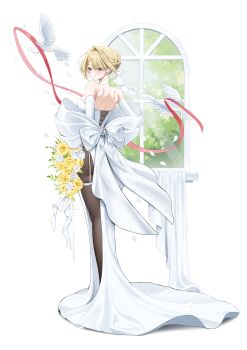 1girl absurdres alternate_costume bird black_pantyhose blonde_hair bow braid braided_bun breasts corset dove elbow_gloves evelyn_chevalier full_body gloves hair_bun highres huge_bow kkuni large_breasts long_legs looking_at_viewer looking_back pantyhose purple_eyes short_hair sideboob smile solo string string_of_fate white_bow white_corset white_gloves zenless_zone_zero