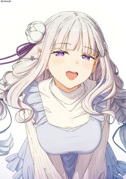 1girl alternate_costume alternate_hairstyle blue_dress blunt_bangs breasts commentary_request curly_hair dress ecjhonny89 elf emilia_(re:zero) flower grey_hair hair_flower hair_ornament hair_ribbon highres large_breasts long_hair long_sleeves looking_at_viewer open_mouth pointy_ears purple_eyes purple_ribbon re:zero_kara_hajimeru_isekai_seikatsu ribbon simple_background sleeveless sleeveless_dress smile solo sweater sweater_under_dress twitter_username upper_body white_background white_flower white_sweater x_hair_ornament