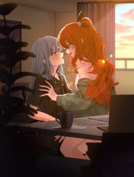 2girls artist_request bang_dream! black_shirt cloud coffee_mug commentary_request commission computer cup curtains green_jacket grey_hair hand_on_another's_shoulder highres imai_lisa indoors jacket korean_commentary laptop long_hair minato_yukina morning mug multiple_girls open_mouth orange_eyes orange_hair pajamas paper plant second-party_source shirt sitting sitting_on_lap sitting_on_person smile sunrise white_shirt yuri