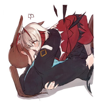 ! 2girls amiya_(arknights) animal_ears antennae arknights black_coat blush brown_hair closed_mouth coat commentary demon_tail ear_blush hand_on_another's_back hand_on_another's_waist highres hood hooded_coat jacket multiple_girls ong_(fyza2772) ponytail rabbit_ears red_eyes red_jacket simple_background spoken_exclamation_mark symbol-only_commentary tail w_(arknights) white_background white_hair yuri