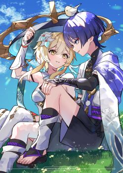 1boy 1girl adjusting_clothes adjusting_headwear animal animal_on_head arm_armor arm_up bare_shoulders bird bird_on_head black_gloves black_shorts blonde_hair blue_sky boots borrowed_accessory breasts commentary commentary_request couple day english_commentary eyeliner feather_hair_ornament feathers flower genshin_impact gloves grass hair_between_eyes hair_flower hair_ornament hat hetero highres japanese_clothes jingasa knee_up looking_at_another lumine_(genshin_impact) makeup medium_breasts mixed-language_commentary on_ground on_head outdoors parted_lips partial_commentary partially_fingerless_gloves purple_eyes purple_hair red_eyeliner sandals scaramouche_(genshin_impact) short_hair short_hair_with_long_locks shorts sitting sky smile snow20200 thigh_boots toes twitter_username wanderer_(genshin_impact) white_boots yellow_eyes