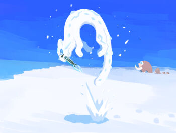 blue_eyes bright_pupils chien-pao commentary_request dashimaki_gorilla_(dasigori) day from_side gen_2_pokemon gen_4_pokemon jumping mamoswine nintendo no_humans outdoors piloswine pokemon pokemon_(creature) snow swinub tusks white_pupils