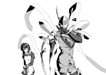 absurdres black_hair black_pantyhose breasts cleavage dawu233 digimon digimon_(creature) digimon_story:_cyber_sleuth dress helmet highres jacket kamishiro_yuuko kishibe_rie long_hair lordknightmon multiple_girls pantyhose pink_helmet pink_jacket shirt simple_background skirt white_dress