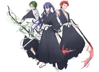 Rule 34 | 3boys, abs, akatsuki (ensemble stars!), black-framed eyewear, black hair, black hakama, black kimono, bow (weapon), closed mouth, club (weapon), curled horns, curtained hair, double-parted bangs, dual wielding, earrings, ensemble stars!, floating hair, from behind, full body, glasses, gloves, green eyes, green hair, grin, hair between eyes, hair intakes, hakama, haori, hasumi keito, highres, holding, holding bow (weapon), holding sword, holding weapon, horns, japanese clothes, jewelry, kanzaki souma, katana, kimono, kiryu kuro, long hair, looking at viewer, magic, male focus, motoyui, multicolored hair, multiple boys, multiple earrings, nancy980216, obi, parted hair, partially fingerless gloves, partly fingerless gloves, pectoral cleavage, pectorals, purple eyes, purple hair, rectangular eyewear, red hair, sandals, sash, short hair, sidelocks, simple background, sleeveless, sleeveless haori, sleeveless kimono, smile, spiked hair, standing, streaked hair, sword, tabi, torn clothes, torn sleeves, v-shaped eyebrows, very long hair, weapon, white background, white haori, white sash, yugake, zouri
