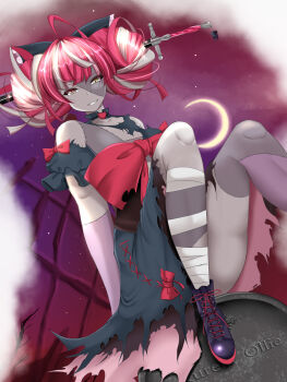 Rule 34 | 1girl, ahoge, black dress, character name, closed mouth, colored skin, commentary request, dress, gradient eyes, green eyes, grey skin, heterochromia, highres, hiro (phese), hololive, hololive indonesia, kureiji ollie, kureiji ollie (1st costume), looking at viewer, medium hair, multicolored eyes, patchwork skin, pink hair, red eyes, red hair, smile, solo, sword, tombstone, torn clothes, torn dress, virtual youtuber, weapon, yellow eyes, zombie