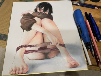 1girl art_tools_in_frame ass barefoot black_hair blush colored_pencil_(medium) commentary_request full_body fuyuno_kamome glasses grey_eyes highres knees_to_chest looking_at_viewer original panties panties_around_ankles panty_pull photo_(medium) shikishi sitting solo sweater toes traditional_media underwear