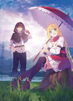 1boy 1girl :d arm_belt artist_name belt black_hood black_pants black_thighhighs blonde_hair blue_eyes blunt_bangs boots braid breasts brown_belt brown_boots brown_hair cleavage_cutout clothing_cutout commentary_request copyright_name cover_image dress fold-over_boots grass half_up_braid hand_in_pocket highres holding holding_umbrella hood hood_up juliet_sleeves long_hair long_sleeves looking_at_viewer medium_breasts official_art on_tree_stump open_mouth overskirt pants parasol puffy_sleeves red_(shin_no_nakama) red_overskirt red_scarf rit_(shin_no_nakama) scarf second-party_source shin_no_nakama_janai_to_yuusha_no_party_wo_oidasareta_no_de_henkyou_de_slow_life_suru_koto_ni_shimashita shirt short_dress sitting smile standing teeth thighhighs tree_stump umbrella upper_teeth_only white_dress white_shirt yasumo_(kuusouorbital) zettai_ryouiki