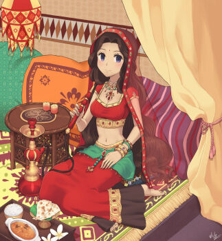 1girl arabian_clothes bangle barefoot bed bindi blush bracelet brown_hair crepe curry dark_skin facial_mark flower food forehead_mark highres hookah indian jewelry long_hair midriff minari navel necklace original pillow purple_eyes rice sitting skirt smile traditional_clothes veil very_long_hair yokozuwari