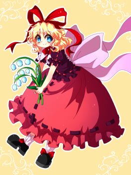 1girl back_ribbon black_shirt black_shoes blonde_hair blue_eyes closed_mouth frilled_socks frills full_body hair_ribbon holding kamome looking_at_viewer medicine_melancholy puffy_short_sleeves puffy_sleeves red_ribbon red_skirt ribbon shirt shoes short_sleeves skirt smile socks solo touhou white_ribbon white_socks yellow_background
