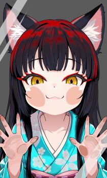 1boy :3 absurdres against_fourth_wall against_glass animal_ears black_hair commentary_request face_against_glass fang fang_out fox_boy fox_ears grey_background hands_up highres indie_virtual_youtuber itsuki_tsukumo_(artist) itsuki_tsukumo_(vtuber) japanese_clothes kimono long_hair long_sleeves looking_at_viewer simple_background smile trap virtual_youtuber yellow_eyes
