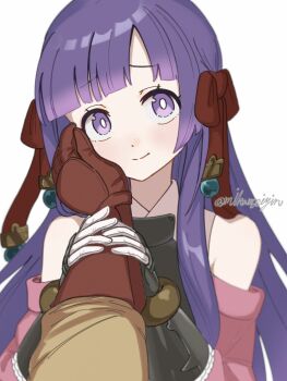 Rule 34 | 1boy, 1girl, arianna caledonia, armor, bare shoulders, blush, breastplate, detached sleeves, etrian odyssey, fafnir no kishi (sekaiju), gauntlets, hair ribbon, hand on another's face, highres, long hair, mikamseizin, pink sleeves, pov, purple eyes, purple hair, red ribbon, ribbon, sekaiju no meikyuu, shin sekaiju no meikyuu 2, shirt, solo focus, twitter username, white shirt