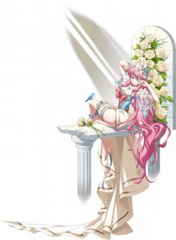 1girl barefoot bird bird_on_knee blue_bird blue_dress blue_gem blue_nails breasts brick broken cleavage column dress drill_hair drill_sidelocks eyebrows_hidden_by_hair flower frilled_hairband frilled_sleeves frills game_cg gem hairband hand_over_eye langrisser langrisser_mobile light_rays long_hair long_skirt medium_breasts official_alternate_costume one_eye_closed pillar plant purple_eyes red_ribbon ribbon ringlets rose rozenciel_(langrisser) see-through_clothes see-through_sleeves shirt sidelocks sitting skirt solo thighs third-party_source transparent_background very_long_hair waking_up white_flower white_rose white_shirt