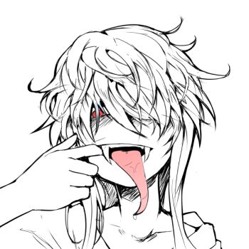 1girl long_tongue saliva sharp_teeth shiro_maru short_hair simple_background tagme teeth tongue tongue_out vampire