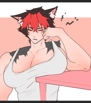 absurdres animal_ears bursting dog_boy dog_ears hand_on_own_cheek hand_on_own_face highres huge_pectorals komano_manato large_pectorals muscular muscular_male pectoral_cleavage pectoral_focus pectorals short_hair sleepy table vill_leta zenless_zone_zero