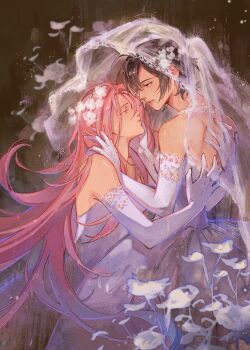 2girls alien_stage alternate_costume black_hair commentary dress elbow_gloves gloves highres jayohdotp lace lace-trimmed_gloves lace_trim long_hair mizi_(alien_stage) multiple_girls pink_hair see-through_clothes see-through_veil short_hair strapless strapless_dress sua_(alien_stage) symbol-only_commentary veil very_long_hair white_dress white_gloves yuri