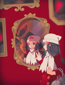 1girl black_hair brown_eyes cape closed_mouth colored_sclera commentary_request darkrai dawn_(pokemon) gen_4_pokemon hat legendary_pokemon long_hair long_sleeves mikakami1e mirror mythical_pokemon nintendo pokemon pokemon_(creature) pokemon_dppt pokemon_platinum red_cape red_sclera scarf smile twitter_username white_hat white_scarf