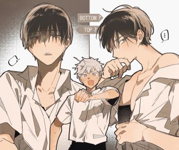 ... 2_blankk 2boys black_hair blush collared_shirt commentary_request hikaru_ga_shinda_natsu indou_hikaru male_focus mole mole_on_cheek mole_under_eye mole_under_mouth multiple_boys multiple_moles open_clothes open_mouth open_shirt shirt short_hair spoken_ellipsis teeth top/bottom_dynamic_annotated tsujinaka_yoshiki white_hair white_shirt yaoi