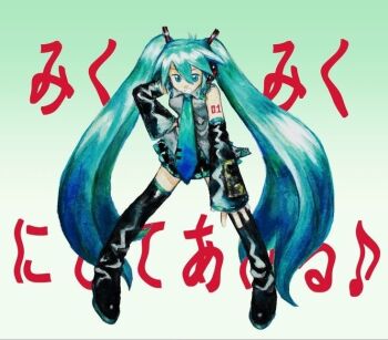 black_boots blue_eyes blue_hair boots detached_sleeves hatsune_miku necktie number_tattoo pj_(projet103) second-party_source tattoo twintails vocaloid