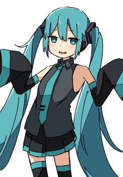 1girl absurdres aqua_eyes aqua_hair aqua_necktie auhuheben17 bare_shoulders black_skirt black_sleeves cowboy_shot detached_sleeves grey_shirt hair_between_eyes hair_ornament hatsune_miku highres looking_at_viewer necktie shirt skirt sleeveless sleeveless_shirt solo standing thighhighs twintails vocaloid