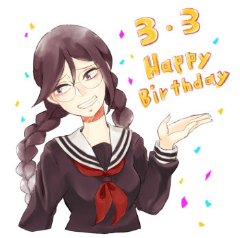 Rule 34 | 1girl, braid, chocoare, collared shirt, commentary request, confetti, cropped arm, cropped torso, danganronpa: trigger happy havoc, danganronpa (series), dated, eyelashes, fukawa toko, glasses, hair between eyes, happy birthday, long hair, long sleeves, mole, mole under mouth, neckerchief, purple eyes, purple hair, purple shirt, red neckerchief, round eyewear, sailor collar, shirt, simple background, smile, solo, teeth, twin braids, twintails, white background, white sailor collar