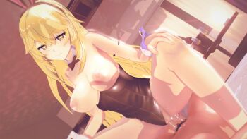 1boy 1girl 3d beastkingxn bed bedroom blonde_hair blush bow bowtie breasts censored clothing_aside cowgirl_position highres indoors large_areolae large_breasts leotard leotard_aside light_blush looking_at_viewer mosaic_censoring nipples pubic_hair rabbit_ears riding room shokuhou_misaki smile sparkling_eyes straddling vaginal