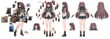 1girl absurdres bandaid bandaid_on_knee bandaid_on_leg belt_buckle black_shorts boots brown_hair buckle reference_sheet charm_(object) clipboard color_guide concept_art cropped_jacket dinergate_(girls'_frontline) expressionless full_body girls'_frontline girls'_frontline_2:_exilium gloves goggles goggles_on_head highres jacket long_hair mayling_shen_(girls'_frontline_2) mole mole_under_eye multiple_views official_art one_side_up orange_eyes orange_socks pliers shirt shorts simple_background sleeves_rolled_up socks standing thermos toolbox tools turnaround very_long_hair wanzi_chi_baozi white_background white_shirt