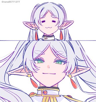 1girl :3 capelet earrings elf frieren gold_trim green_eyes grey_hair highres jewelry long_hair nana_(eegm4275) parted_bangs pointy_ears smile solo sousou_no_frieren thick_eyebrows twintails twitter_username white_background white_capelet