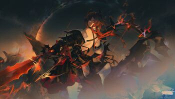 Rule 34 | 1girl, absurdres, arknights, arknights: endfield, backless dress, backless outfit, bare shoulders, black dress, black horns, demon girl, demon horns, detached sleeves, dress, forgeborn scathe (arknights), hair between eyes, hair intakes, highres, holding, holding sword, holding weapon, horns, kyoko (toran0k0), laevatain (arknights), purple eyes, red hair, sideless dress, solo, surtr (arknights), sword, weapon