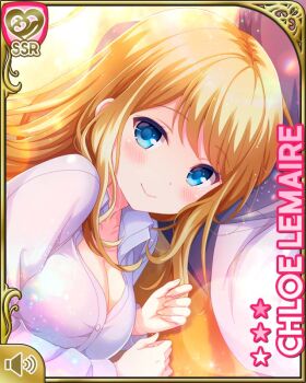 1girl bedroom blonde_hair blue_eyes breasts card character_name chloe_lemaire cleavage closed_mouth closeup girlfriend_(kari) large_breasts long_hair lying official_art on_floor plaid_clothes plaid_skirt qp:flapper red_skirt shirt skirt smile table tagme thighhighs white_shirt