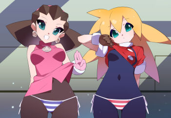 2girls bare_shoulders black_bodysuit black_pantyhose blonde_hair blue_leotard bodysuit breasts brooch brown_hair clothes_lift cowboy_shot cropped_jacket dress dress_lift earrings green_eyes heart jacket jacket_lift jewelry kaidou_zx leotard medium_breasts medium_hair mega_man_(series) mega_man_legends_(series) multiple_girls pantyhose pink_dress red_jacket revision roll_caskett_(mega_man) skull_brooch skull_earrings small_breasts tron_bonne_(mega_man)