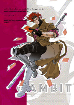 Rule 34 | 1boy, arm tattoo, armor, armored boots, black bodysuit, black gloves, black sclera, bo staff, bodysuit, boots, brown coat, character name, chinese new year, coat, colored sclera, covered abs, english text, envelope, floating clothes, floating hair, freer, full body, gambit, gloves, grey boots, grin, highres, holding, holding envelope, holding staff, hongbao, knee up, looking to the side, male focus, marvel, marvel rivals, muscular, muscular male, partially fingerless gloves, pink armor, red eyes, red hair, short hair, smile, solo, staff, tattoo, trench coat, x-men