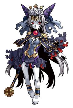 Rule 34 | 1girl, anklet, barefoot, black capelet, black dress, black horns, blue horns, bracelet, breasts, capelet, circlet, cleavage cutout, closed mouth, clothing cutout, colored skin, crown, dress, expressionless, flower, flower on head, gem, gold headband, gold trim, grey hair, grey skin, harakawa mitsuhiro, holding, holding staff, horns, jewelry, long hair, multicolored horns, multiple horns, necromancer, official art, parted bangs, pointy ears, purple horns, red eyes, shinrabanshou, small breasts, solo, staff, tanatoria, third-party source, torn clothes, torn dress, torn veil, transparent background, undead, veil, very long hair, white flower