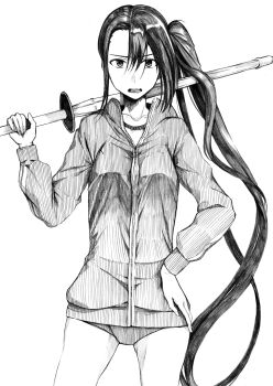 1girl absurdres bokken buruma cowboy_shot hand_on_own_hip high_contrast highres holding holding_sword holding_weapon jacket kantai_collection looking_at_viewer monochrome nachi_(kancolle) side_ponytail solo standing sword track_jacket tsuji_kazuho weapon wooden_sword