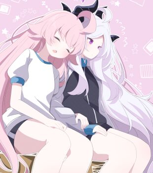2girls ahoge black_jacket blue_archive blush closed_eyes commentary_request feet_out_of_frame grey_hair grey_shorts highres hina_(blue_archive) horns hoshino_(blue_archive) jacket long_sleeves multiple_girls open_mouth parted_bangs pink_background pink_hair puffy_long_sleeves puffy_short_sleeves puffy_sleeves purple_eyes sasanoha_(sasanoha0712) shirt short_sleeves shorts sitting sleeping sleeping_on_person sleeping_upright sleeves_past_wrists thighs track_jacket white_shirt zzz