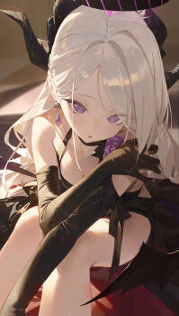 1girl ahoge alternate_costume black_dress black_gloves blue_archive commentary demon_girl demon_horns demon_wings dress elbow_gloves flower gem gloves halo highres hina_(blue_archive) horns indoors knees_up long_hair looking_at_viewer modare parted_lips pointy_ears purple_eyes purple_flower purple_gemstone sitting white_hair wings
