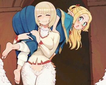 2girls adversarial_noise ass barefoot blonde_hair carrying_over_shoulder centauroid dungeon_meshi elf falin_touden falin_touden_(chimera) feathers feet green_eyes highres marcille_donato multiple_girls pointy_ears shirt smile sunset_nivaris taur torn_clothes torn_shirt white_feathers yuri