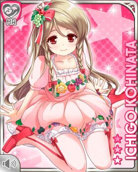 1girl bow bow_legwear braid breasts brown_hair card_(medium) character_name dress food food-themed_hair_ornament fruit fruit_hair_ornament girlfriend_(kari) hair_bow hair_ornament high_heels knees kohinata_ichigo long_hair looking_at_viewer miniskirt official_art pink_background pink_dress pink_thighhighs pumps qp:flapper red_bow red_eyes red_shoes shoes sitting skirt smile solo thighhighs thighs twin_braids wariza