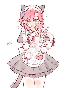 Rule 34 | 1boy, animal ears, apron, averting eyes, black dress, blue eyes, cat ears, cat tail, collared dress, commentary request, cowboy shot, crossdressing, crossdressing (mtf), dress, embarrassed, frilled apron, frilled dress, frills, heart, heart hands, highres, hyoutenka 30-do no zetsubou, maid, maid headdress, male maid, medium hair, mole, mole under eye, nervous smile, one side up, puffy short sleeves, puffy sleeves, red hair, sharp teeth, short dress, short sleeves, simple background, smile, solo, sr en km, straight-on, tail, teeth, tonimura yui, white apron, white background, wrist cuffs