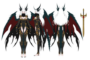 1girl arms_at_sides black_scarf colored_eyelashes commission dragon_girl dragon_horns dragon_tail dragon_wings elbow_gloves fantasy flat_color from_behind from_side full_body gauntlets gloves highres horns looking_at_viewer monster_girl multiple_views mytea_(soso) nail_polish original red_eyes scarf sharp_toenails skeb_commission stirrup_legwear straight-on sword tail thighhighs toeless_legwear toenails torn_clothes torn_scarf weapon white_background white_hair wings