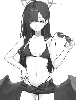 1girl belt belt_buckle bikini bikini_under_clothes blue_archive buckle commentary_request cowboy_shot greyscale grin halo hand_up highres holding holding_removed_eyewear ichika_(blue_archive) ichika_(swimsuit)_(blue_archive) long_hair looking_at_viewer micro_shorts monochrome navel one_eye_closed open_belt open_clothes open_fly open_shorts parted_bangs shioya_(mokuu_) shorts smile solo standing stomach straight_hair string_bikini swimsuit unworn_eyewear unzipped