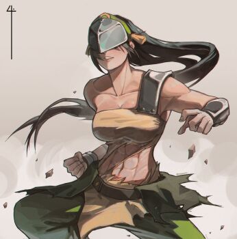 1girl abs aged_up avatar:_aang_the_last_airbender avatar:_the_last_airbender avatar_legends blind commentary floating_rock geokinesis green_pants hair_bun helmet highres muscular muscular_female pants shitakara4 single_hair_bun solo toph_beifong