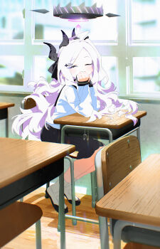 1girl ;d ^_^ absurdres ahoge black_skirt blue_archive blush bm_tol chair classroom closed_eyes commentary demon_horns desk facing_viewer halo highres hina_(blue_archive) horns indoors long_hair long_sleeves looking_at_viewer one_eye_closed open_mouth parted_bangs purple_eyes purple_hair school_chair school_desk school_uniform serafuku shirt shoes sitting skirt smile socks solo uwabaki very_long_hair white_shirt white_socks window