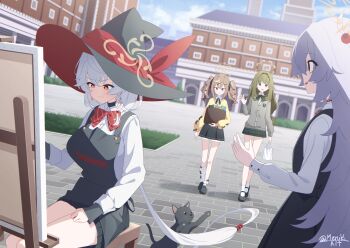 4girls apron asymmetrical_legwear blue_archive bow bowtie box braid brick_road brown_hair building canvas_(object) cardigan cat dress eri_(blue_archive) green_hair hair_ornament hairclip halo hat highres kanoe_(blue_archive) meruki multiple_girls orange_eyes painting_(object) rena_(blue_archive) school school_uniform shirt shoes sitting skirt sky sleeve_cuffs stool sweater tsumugi_(blue_archive) twintails white_hair witch_hat