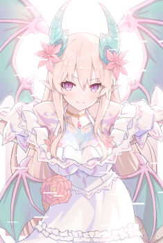 Rule 34 | 1girl, bare shoulders, blonde hair, blush, breasts, cleavage, collarbone, commentary request, cowboy shot, demon girl, demon horns, demon wings, dragon girl, dragon horns, dragon tail, dragon wings, dress, duel monster, flower, frilled dress, frills, hair flower, hair ornament, horns, large breasts, long hair, looking at viewer, low wings, off-shoulder dress, off shoulder, pink flower, pointy ears, princess connect!, purple eyes, sidelocks, smile, solo, tail, vision empress, white background, white dress, whitel (zou tukasaki), wings