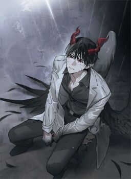 1boy black_hair black_shirt black_wings coat collared_shirt colored_veins cracked_skin demon_horns falling_feathers feathered_wings feathers from_above hands_on_lap highres hinizana horns kim_dokja male_focus official_alternate_costume omniscient_reader&#039;s_viewpoint open_clothes open_coat popped_collar rain red_eyes shirt short_hair sitting solo white_coat wings